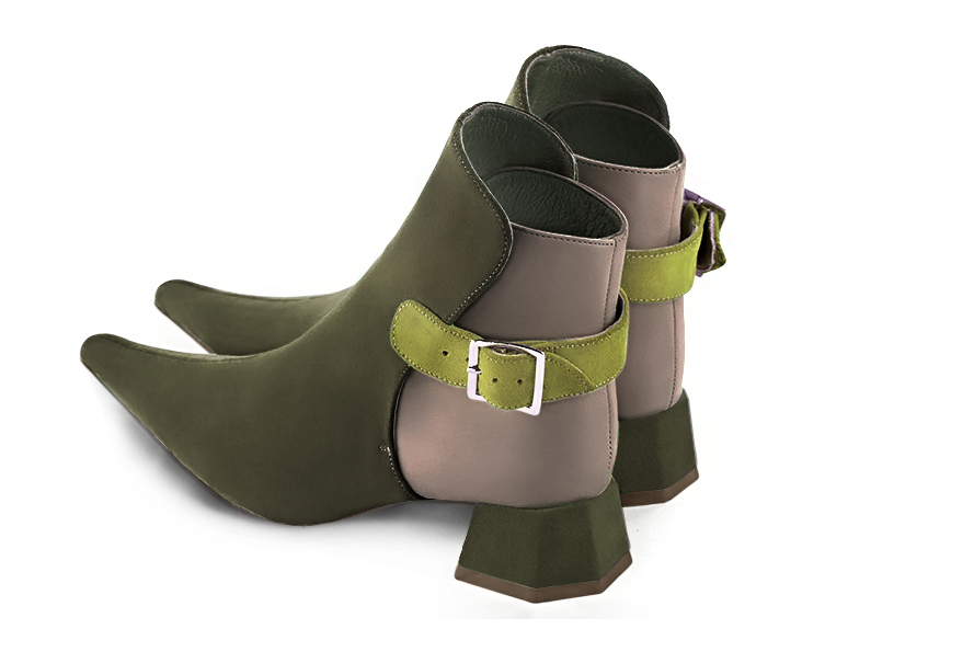Khaki green and bronze beige women's ankle boots with buckles at the back. Pointed toe. Low flare heels. Rear view - Florence KOOIJMAN